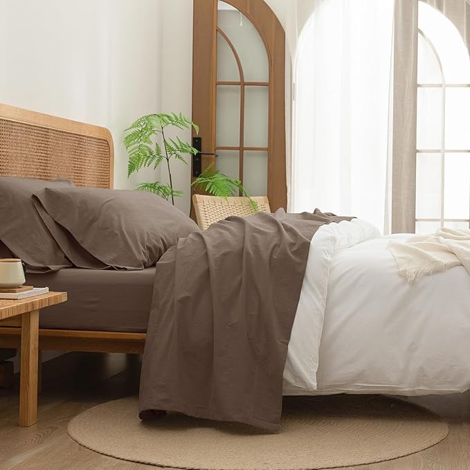 BESTOUCH Sheet Set 100% Washed Cotton Linen Feel Super Soft Comfortable Chic Lightweight 4 Pcs Home Bedding Set Solid Pine Bark Brown Full