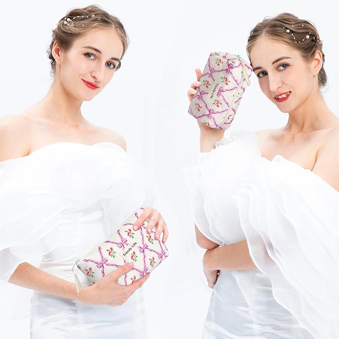 HAOGUAGUA 2 Pieces Makeup Bag, Small Large Quilted Cosmetic Bag, Travel Floral Make Up Toiletry Organizer Bag for Women Girls (2PCS STYLE A-4)