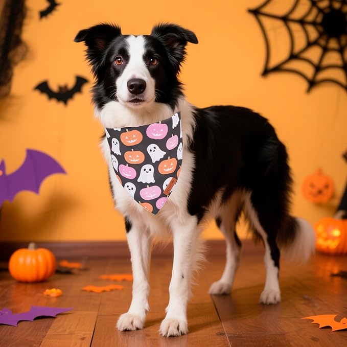PTDECOR Halloween Dog Bandana, Cute Ghost Pumpkin Design Reversible Holiday Pet Scarf, Premium Durable Fabric, Adjustable Pink Black Halloween Bandanas for Medium Large Dogs Pets (Large)