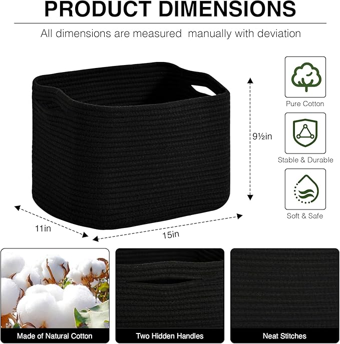 ICERZCZ Woven Cotton Rope Storage Basket for Organizing, Cute Decorative Baskets for Gifts Empty, Organizer Bins for Dog Toy, Baby Laundry, 15“×11”×9.5“, Black