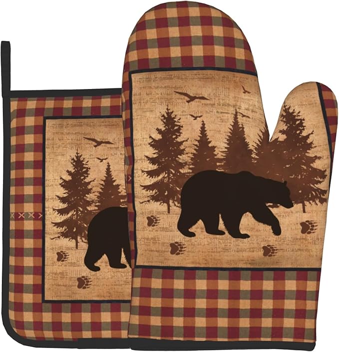 Black Bear Oven Gloves and Pot Holders Forest Cabin Wildlife Kitchen Mitts Hot Pads Farmhouse Red Green Buffalo Plaid Decorative BBQ Essentials and Accessories for Chef Cooking Baking Gifts