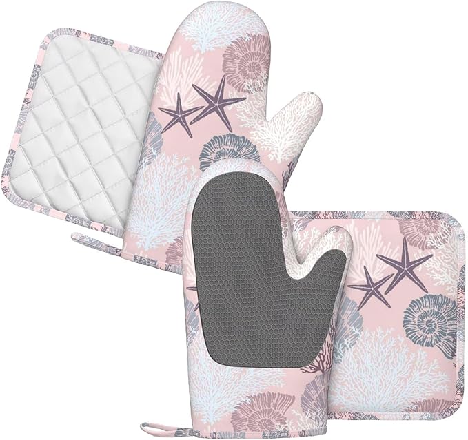 Nautical Coastal Oven Mitts and Pot Holders Set, 4pcs Silicone Starfish Seashell Coral Beach Themed Oven Glove for Kitchen Heat Resistant Oven Mitts and Non-Slip Potholders Pink