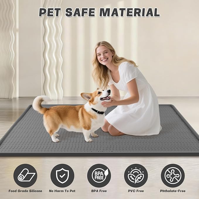 47" x 35" Silicone Dog Food Mat, Waterproof Pet Feeding Mat with Raised Edge, Extra Large Dog Bowl Mat Non-Slip Water Bowl Placemats for Dogs, Protects Floors, Easy to Clean (Dark Gray)