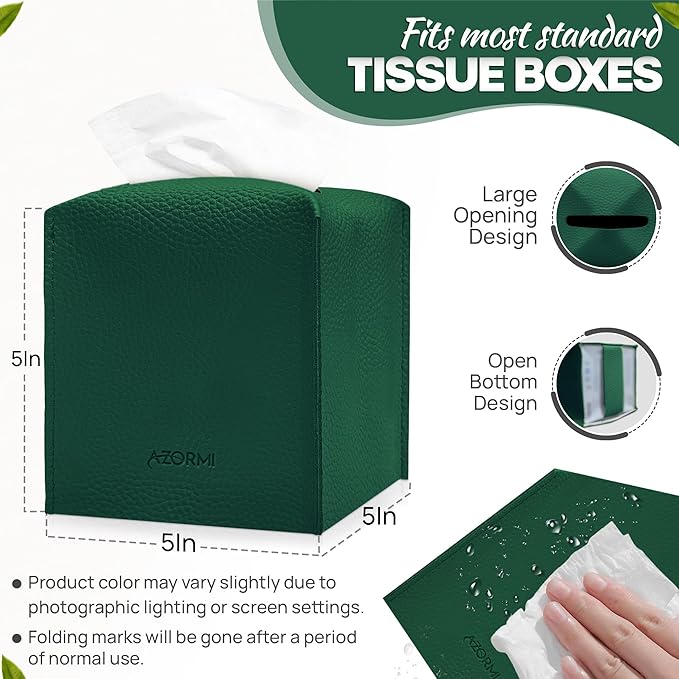 Tissue Box Cover Holder, PU Leather Tissue Box Cover Square with Bottom Belt, Cube Tissue Holder for Bathroom, Modern Organizer for Car, Office, Tabletop (Green., 14 Leather Patterns)