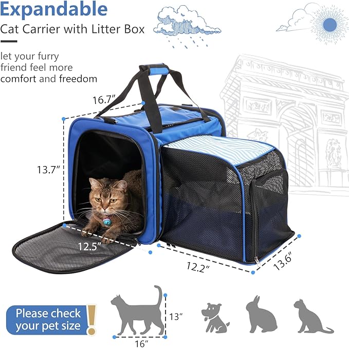 Cat Carrier with Litter Box, Expandable Cat Travel Carrier for Car with Bowl, Collapsible Pet Carrier for Car Travel with Lockable Zippers, Soft Sided Pet Carrier for Cats/Puppies up to 20 lbs, Blue