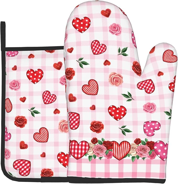 Mother’s Day Rose Flowers Kitchen Gloves Hot Pads Sets 2Pcs，Red Love Hearts Stripe Buffalo Plaid Heat Resistant Oven Gloves Pot Holders for Chef Cooking Baking Kitchen Decoration
