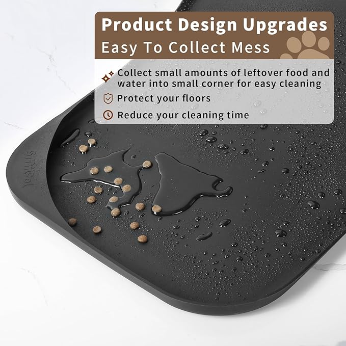 Smilool Silicone Pet Food Mat with Raised Edge for Food and Water Bowl, Dog Feeding Mats, Cat Food Trays for Floor Waterproof, Rubber Tray for Dogs and Cats, 24 x 16 x 0.8 Black