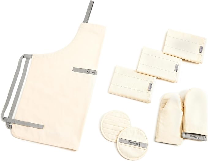 Caraway Linen Set - Apron, Pot Holders, Oven Mitts, & Tea Towels - 100% Organic Cotton - Durable, Machine Washable