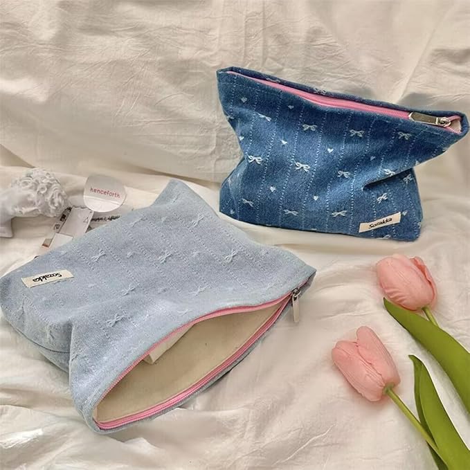 SxoSyo Cosmetic Bags for Women Makeup Bag Large Capacity Purse Travel Toiletry Zipper Storage Pouch Make up Brushes Organizer for Gifts (bowknot, denim blue)