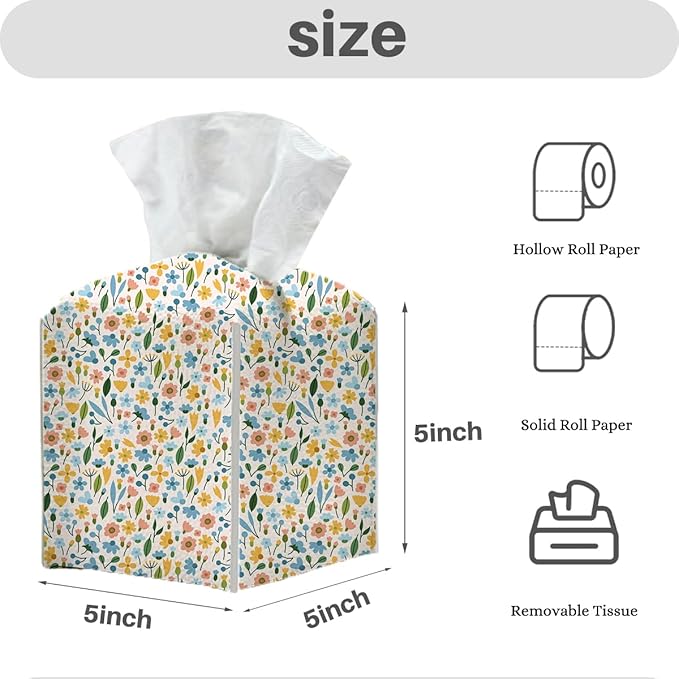 Tissue Box Cover, Tissue Box Holder, Square with Belt Bottom, PU Leather Decorative Organizer for Desk, Tabletop, Countertop Bathroom, Toilet Car, Office, Bedside Kitchen, Aesthetic Flower Decor