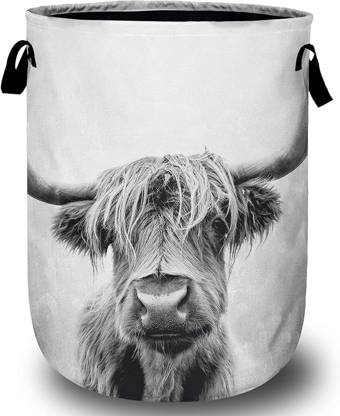 Highland Cow Laundry Basket with Sturdy Handles, Collapsible Oxford Cloth Laundry Hamper Organizer Basket for Bathroom Bedroom 15.7x20 Inch