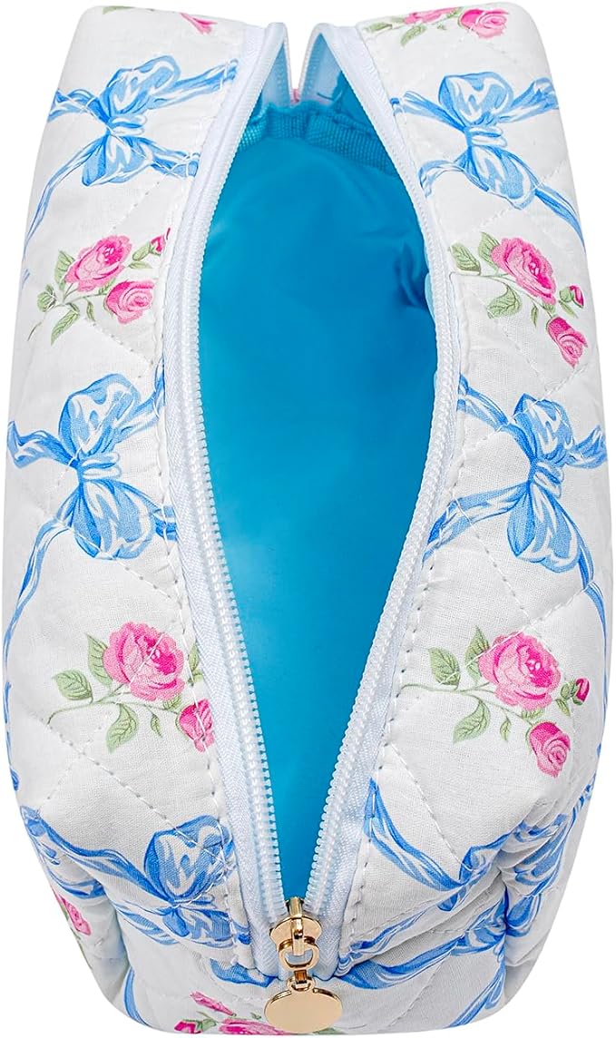 Gleyemor Small Quilted Makeup Bag for Women, Cute Floral Bow Cosmetic Bag, Emergency Bag Travel Toiletry Cotton Pouch Gifts for Girls Her Mom Friend Sister Bridesmaid (Blue Bowknot&Rose)