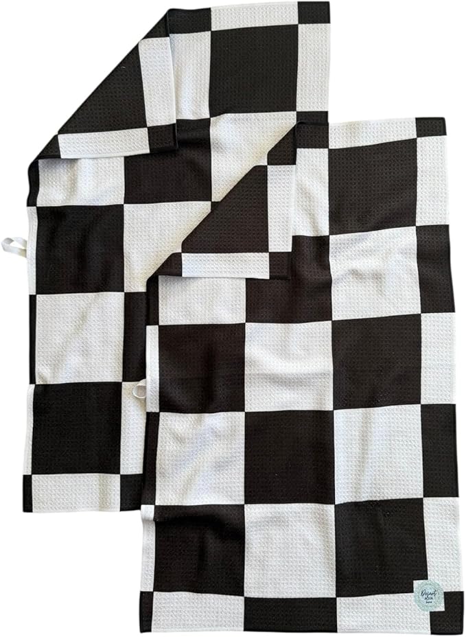 Desert Aqua || 2 Pack|| Double Sided Dish Towels || Waffle Weave Microfiber || Highly Absorbent || Hanging Loop || Dish Cloths || Modern || Designer Prints|| Black Checker