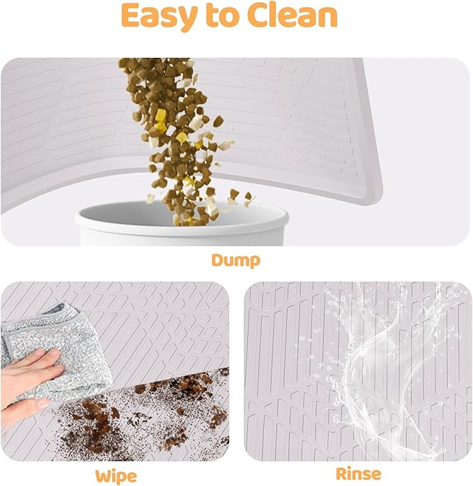 Bartuke Cat Food Mat with Toy Ball, 38'' x 25'' Extra Large Silicone Pet Feeding Mat with Raised Edge Pet Placemat for Food and Water Bowl Non-Slip, Easy to Clean, Floor Protection (White)