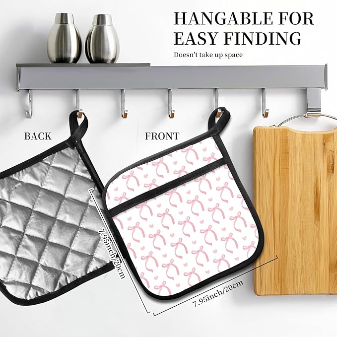 2 Pack Pot Holders for Kitchen Clearance, Cute Hot Pads, Funny Oven Pot Holders, Potholders Sets for Kitchen Heat Resistant Cute Pink Bowties