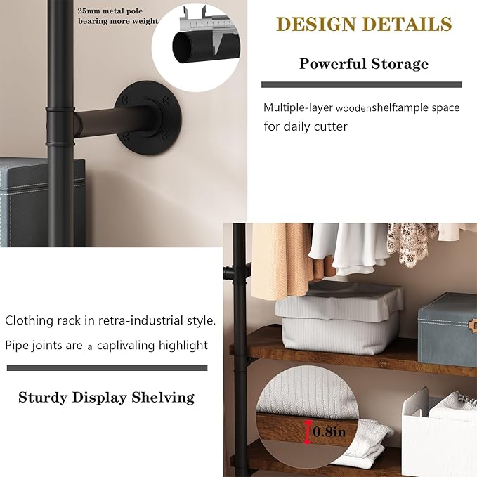 KAILNKISS Industrial Pipe Clothes Rack, Wall Mounted Clothing Rack with Shelves, Heavy Duty Closet Organizers Wardrobe Multi-Purpose Storage Clothes Hanging Shelf-59''L Black