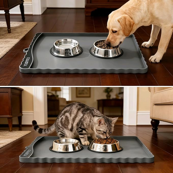 YUSMOO Dog Food Mat 20" x 15", Waterproof Silicone Pet Feeding Mat with Raised Edge & Residue Pocket, Non-Slip Bowl Mat for Dog Cat Food and Water, Easy to Clean Floor Protector
