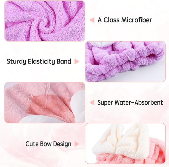 Kldnkig Microfiber Hair Drying Caps, 5-Pack Extra Soft and Ultra Absorbent Fast-Drying Hair Turban Wraps, Shower Caps for Girls and Women with Cute Bowtie Design（11" L x 10" W）