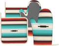 Mexican Serape Turquoise Oven Mitts Pot Holders Set Silicone Boho Ethnic Striped Kitchen Oven Mitts Heat Resistant Potholders Non-Slip 4pcs Hot Pads and Oven Gloves Sets for Cooking,Grilling