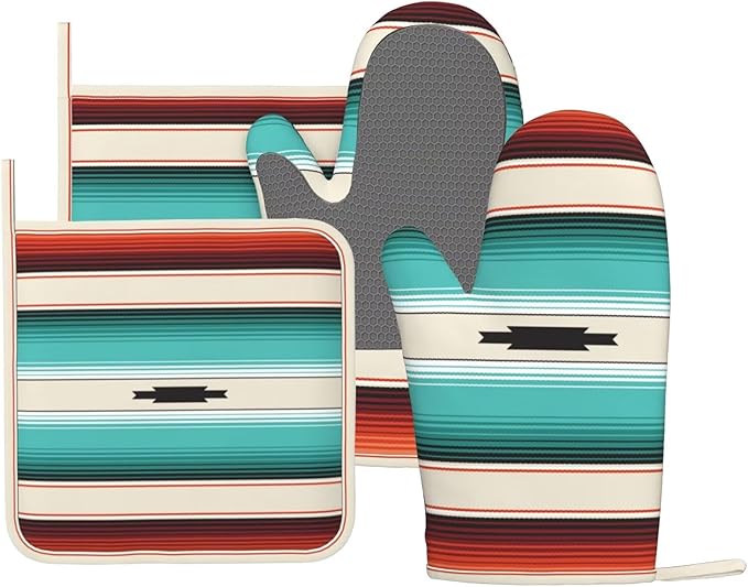 Mexican Serape Turquoise Oven Mitts Pot Holders Set Silicone Boho Ethnic Striped Kitchen Oven Mitts Heat Resistant Potholders Non-Slip 4pcs Hot Pads and Oven Gloves Sets for Cooking,Grilling