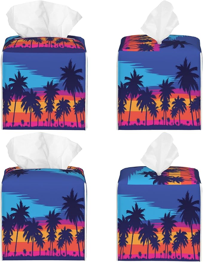 POIUBLE Leather Tissue Box Holder Palm Trees at Sunset Tissue Box Cover Square Waterproof Tissue Holder Organizer Modern Napkin Holder for Bedroom Dresser Night Stand Office Desk