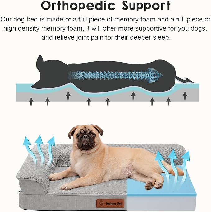 Rainmr Orthopedic Dog Bed Medium Size Dog, Memory Foam Dogs Bed for Medium Dogs, Washable Removable Cover, Nonskid Bottom, Waterproof, for Indoor, Outdoor, Crate ＆ Car Use, 35x23x6 Inches, Light Grey