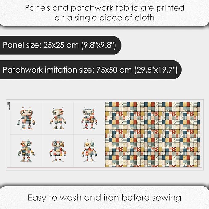 Robot Patchwork Cotton Fabric Panel – 6 Designs (10×10 inch Each) + Bonus Patchwork Sheet 29.5×19.6 inch, 100% Cotton 140 GSM, Made in Turkey
