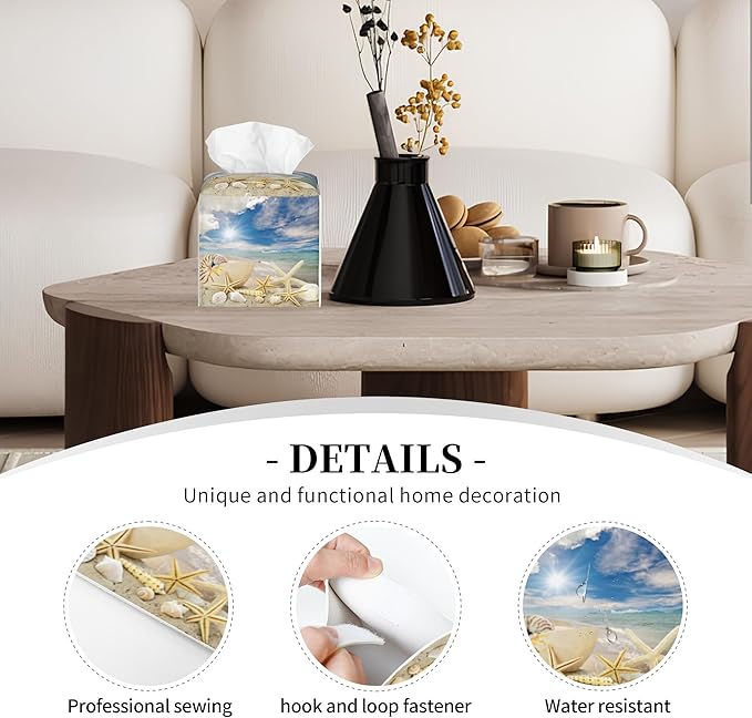 POIUBLE Seashells and Starfish on Beach Tissue Box Cover Leather Tissue Box Holder Square Facial Paper Organizer Dispenser for Bathroom Kitchen Bedroom Vanity Countertop Night Stands