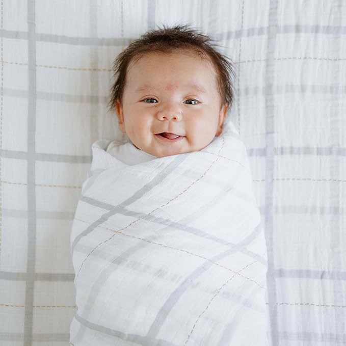 Little Unicorn Premium Cotton Swaddle Baby Blanket | Breathable Fabric | for swaddling, Play, Nursing & More (Grey Plaid)