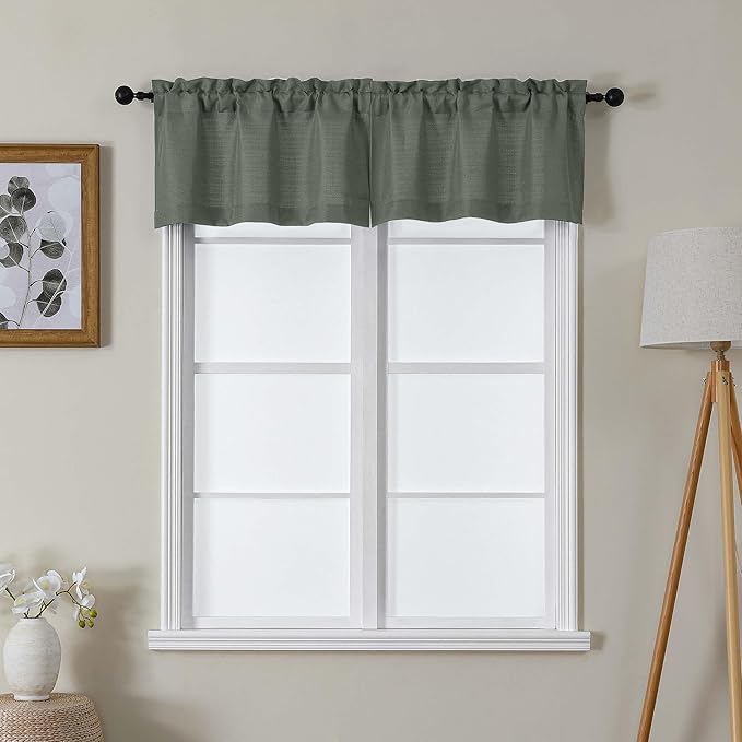 Lecloud Bessie Olive Green Valances for Windows 14 Inch Length 2 Pcs, Faux Linen Textured Kitchen Curtains, Rod Pocket Short Curtains, Window Valances for Bedroom Basement Bathroom, Each 30 W x 14 L