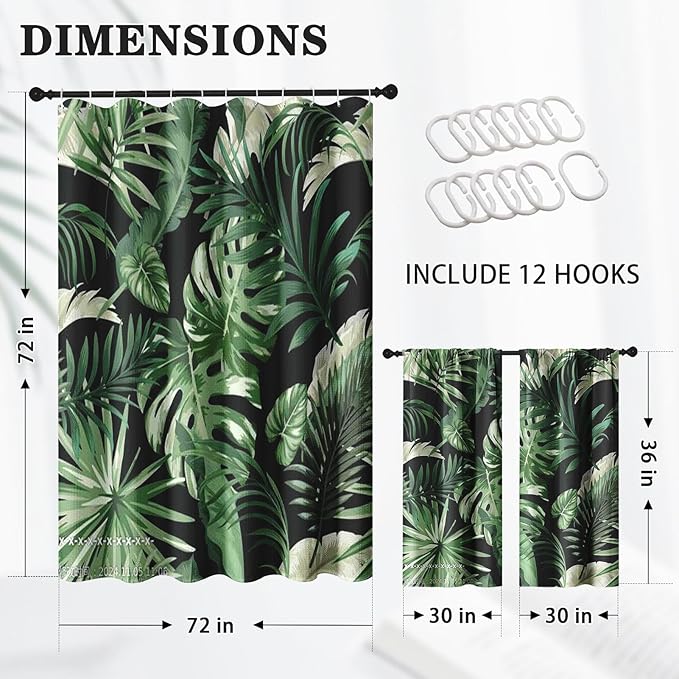 Culudea Green Tropical Plant Jungle Leaf Waffle Textured Cloth Shower Curtain Set, Palm Tree Leaves Black Bathroom Window Waterproof Shower Curtains for Bathroom Decor