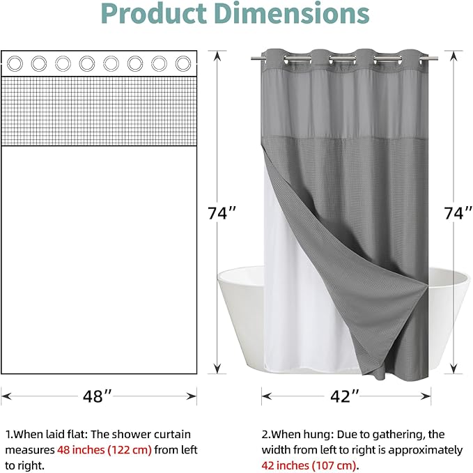 eachope Grey No Hook Waffle Weave Shower Curtain with snap-in Liner Replacement, 230GSM Waterproof Fabric Hotel Shower Curtain Set for Bathroom, Through Mesh Top Window,48Wx74H