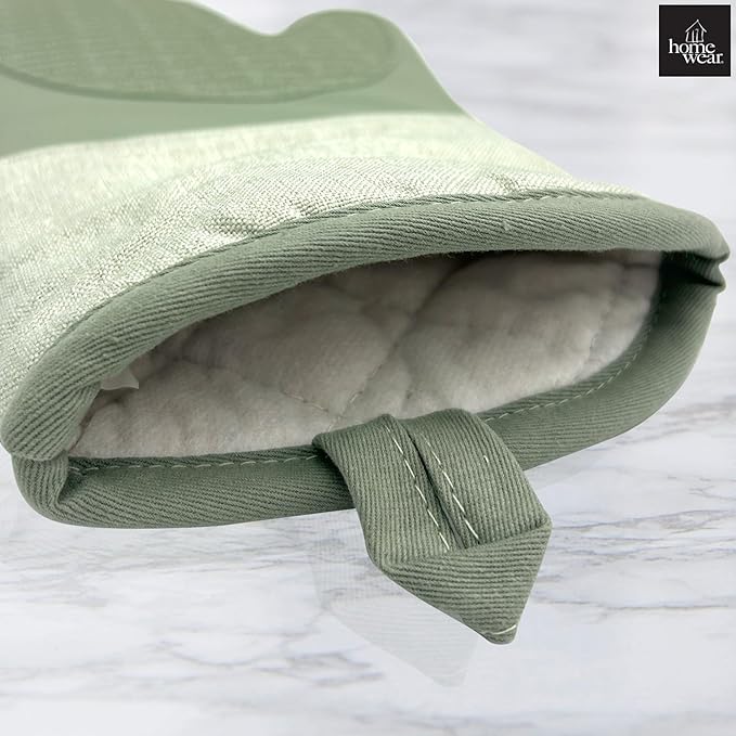 Homewear Marlow Silicone Extra Long Oven Mitt 2 Piece Set, Heat and Slip Resistant, Recycled Cotton with Soft Lining, Thick Kitchen Gloves for Cooking, Green
