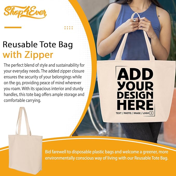 shop4ever Personalized Custom Design Your Own Heavy Canvas Tote with Zipper Reusable Shopping Bag Customizable Gift