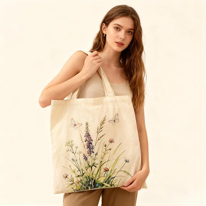 NOFKYNOXA Canvas Tote Bag for Women Girls - Reusable Cotton Tote with Magnetic Buckle & Zipper Inner Pocket | Canvas Tote Bag, Magnetic Buckle, Zipper Inner Pocket, 15.7" x 15.7"