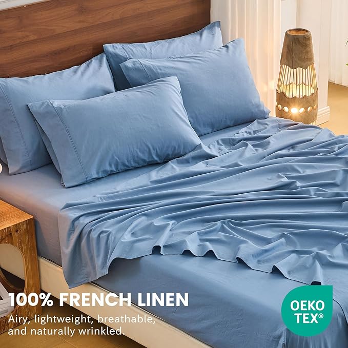 Bedlifes 100% French Flax Linen Sheets Set King Size - 6 Piece Extra Deep Pocket 18-24",Soft Breathable King Bed Sheets with Temperature Regulating & Moisture-Wicking(Flint Blue