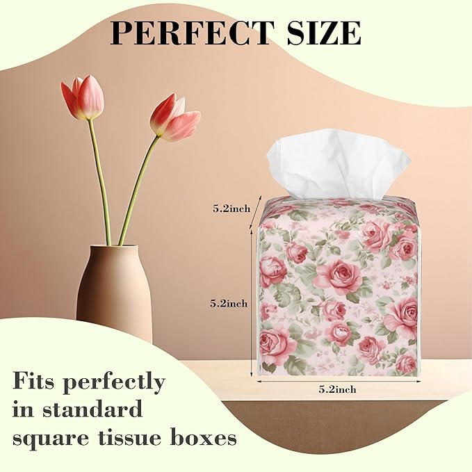 Pink Roses and Green Leaves Tissue Box Cover,Vintage Flowers Floral Waterproof Leather Square Tissue Box Cover Case Facial Paper Organizer Dispenser Box Holder for Home Office Bathroom Vanity