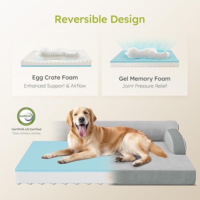 CWAWZ XXL Orthopedic Dog Bed, Big Dog Bed for Large Dogs, Dual-Sided Pet Cooling Beds with Memory Foam Washable Cover Nonslip Bottom, Waterproof Pet Couch with Bolsters, Light Grey