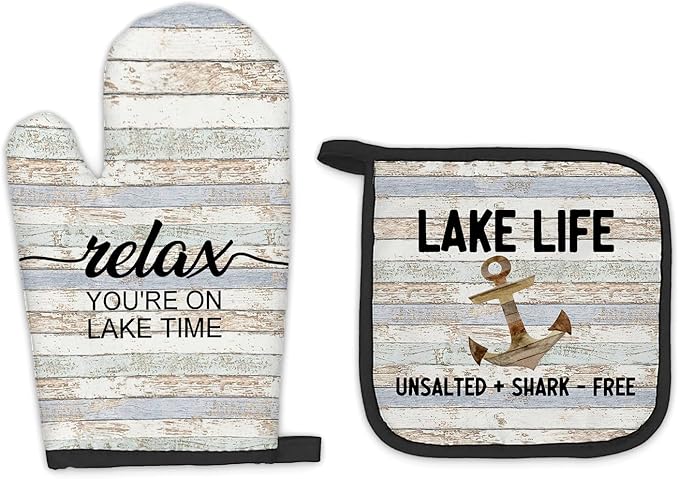Lake House Gifts Oven Mitts and Pot Holders Sets, Lake Lovers House Kitchen Accessories Sets,Rustic Relax You’re on Lake Time Heat Resistant Oven Glove Potholders for Kitchen Cooking Baking BBQ