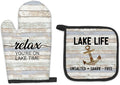 Lake House Gifts Oven Mitts and Pot Holders Sets, Lake Lovers House Kitchen Accessories Sets,Rustic Relax You’re on Lake Time Heat Resistant Oven Glove Potholders for Kitchen Cooking Baking BBQ
