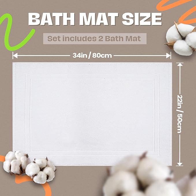Infinitee Xclusives Premium Cotton Bath Mats for Bathroom – Pack of 2 | 34x22 Inches | Ultra Soft, Super Absorbent, Non-Slip, Machine Washable Mats (White) [Not a Rug]