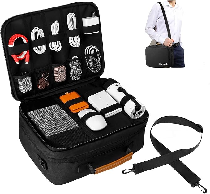 Yzawotk Extra Large Electronics Organizer Travel Case, Cable Organizer Bag with Shoulder Strap, Electronics Accessories Storage Double Layer Bags for Cord, Tablet, Headphone, Charger, Tools, DJ Gifts