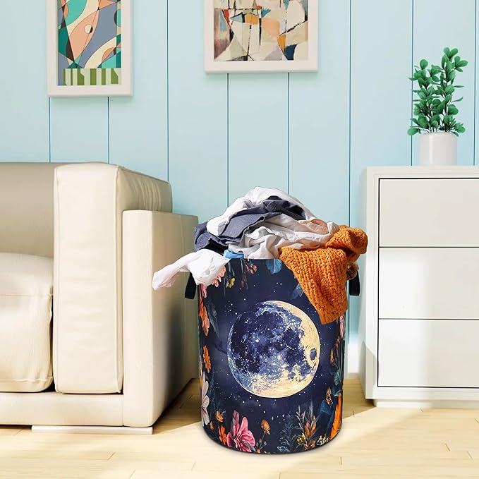 Moon Flowers Laundry Basket Oxford Cloth Night Starry Sky Laundry Hamper With Handle Foldable Portable Clothes Storage Basket 18.9 X 16.5 In Storage Bag For Laundry Room/Bathroom/Bedroom