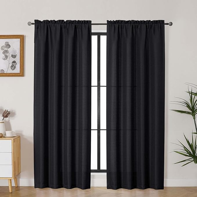 Lecloud Bessie Black Curtains for Living Room Decor 78 Inches Long 2 Pcs, Privacy Airy Window Treatments Bedroom Curtains, Dual Rod Pocket Light Filtering Drapes for Living Room, Each 40" W x 78" L