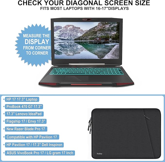 Laptop Sleeve Bag 17 Inch, Shockproof Protective Computer Sleeve Cover with Accessories Pocket, Water Resistant Traveling Carrying Laptop Bag Compatible for 17.3 Inch Dell HP Acer Asus Lenovo, Black