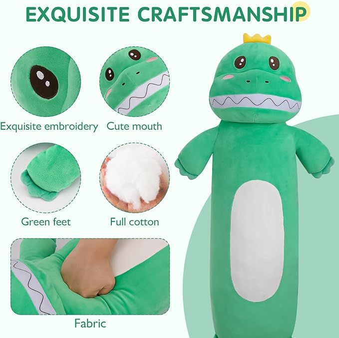 HAIJUNYA 36” Large Dinosaur Plush Long Pillow, Cute Green Extra Dinosaur Stuffed Animals, Big Soft Body Pillow Squishy Plushies Toy, Gifts for Kids Boys Girls, Birthdays, Halloween, Christmas