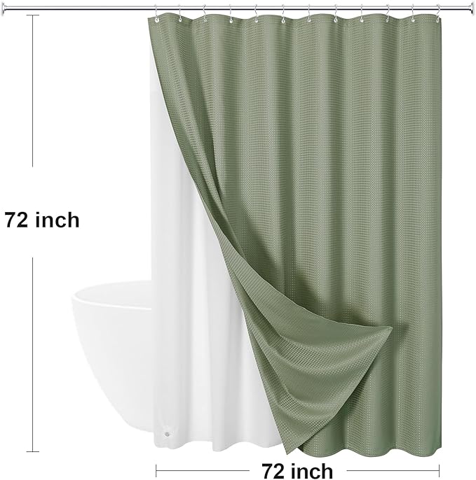 Craidlela 3 in 1 Shower Curtain Set, Sage Green Waffle Shower Curtain and PEVA Liner Set with 12 Stainless Steel Shower Curtain Hooks, Waterproof Fabric Shower Curtains for Bathroom, 72 W x 72 H