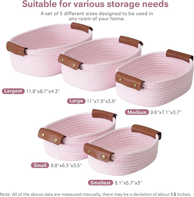 ECDYQXVU 5 Piece Storage Baskets Small Woven Basket with Detachable Leather Handle, Cotton Rope Shelf Baskets for Closet Organizers, Different Sizes Basket Decor, Light Pink