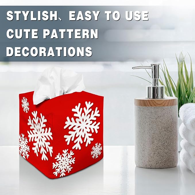 Tissue Box Cover Square Decorative Tissue Box Holder Cute Funny Cube Tissue Case Cover-Xmas Decor Christmas Snowflake Red Tissue Box Cover
