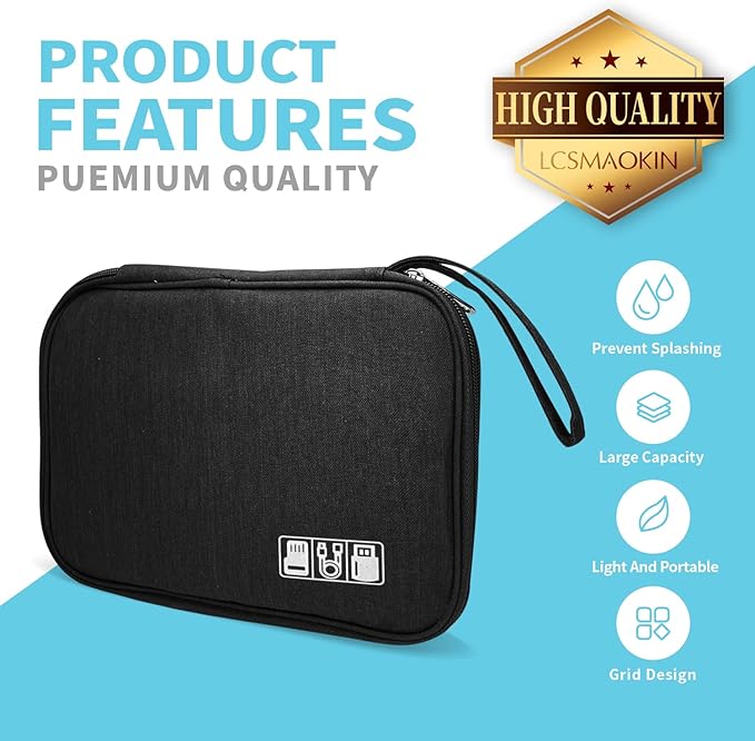 Lcsmaokin Electronics Organizer Travel Case,Electronic Accessories Storage Bag,Portable Waterproof Cable Organizer Bag,with 5 Cable Ties，for Travel,Work-Black